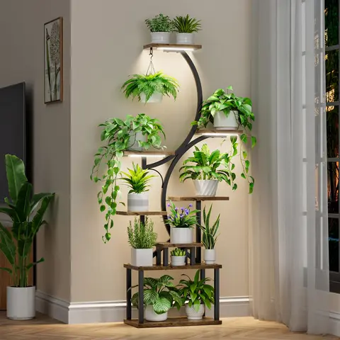 BACEKOLL 62 in Tall Patent Design Indoor Lighted Corner Plant Stand - 8-Tiered S-Shaped Flower Holder with Full-Spectrum Grow Lights, Timer-Set Grow Mode, Hanging Planters, Elevated Boxes, Stackable Pots, Home Decor, Garden Accessories for Holidays