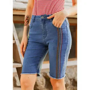 ModCloth Just Bloomed Bermuda Jean Shorts with Pockets, Rainbow Embroidery - Faded Sky Medium Wash Denim (2-26W) colorful