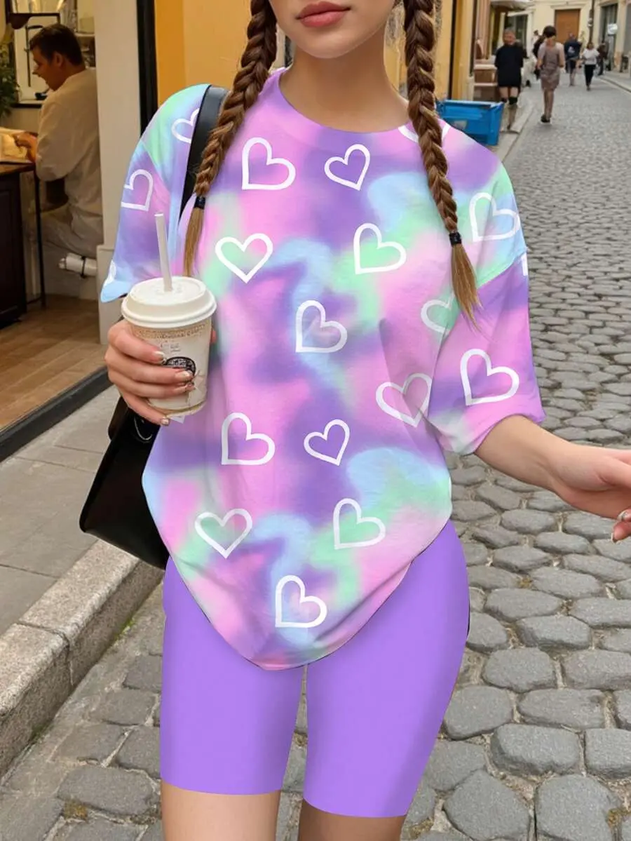 2pcs/Set Teen Girls' Casual Tie Dye Heart Pattern Short Sleeve T-Shirt And Shorts Set,Lavender,Y2k Sweet 16 Summer,Sisters Matching Outfit