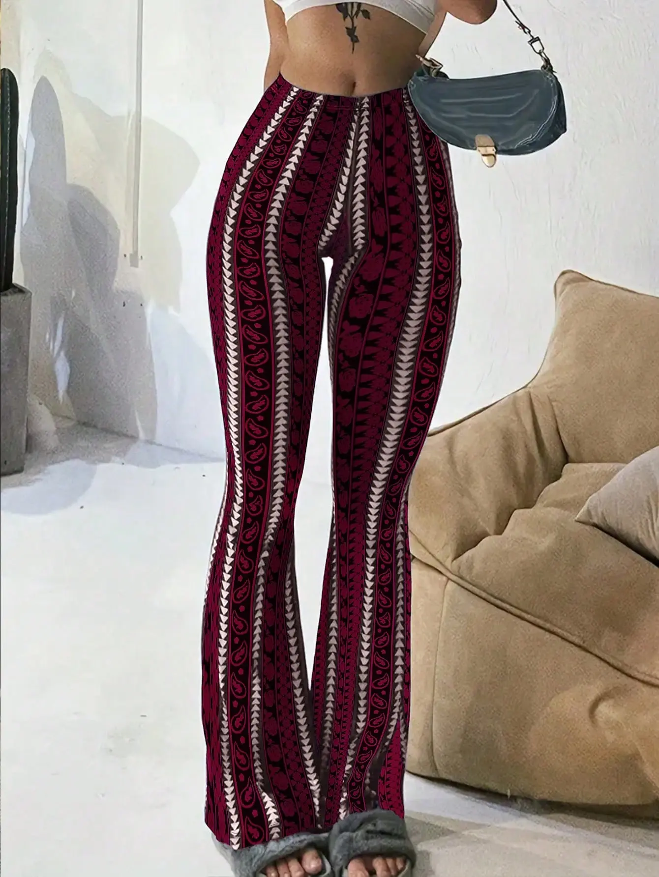 Women's High-Waisted Wide-Leg Boho Vibe Printed Flattering Pants - Bold Burgundy & Blue Patterns, Stretchy Soft Fabric, Trendy Comfortable Beach Bottoms, Pair with Cropped Tank, Crop Top, Sweater, Casual Blouse