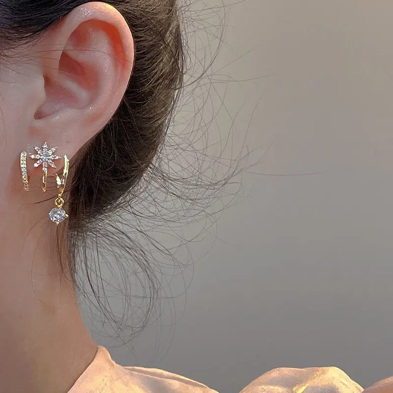 Women's Trendy Super Shiny Micro-Inlaid Zircon Octagram Ear Row Studs, Elegant Personality Artificial Gemstone Jewelry E50052-EH