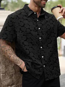 Men's Casual Short Sleeve Shirt with Rose Pattern, Casual Party Shirt, Retro Luxe Textured Coffee Shirt for All Seasons, Great Gift for Boyfriends