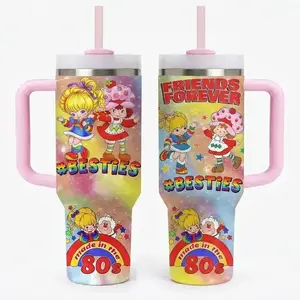[Collection] 40oz/ 20oz 80s Cartoon Strawberry & Rainbow Insulated Tumbler with Handle and Straw, Double Wall Vacuum Insulated Travel Mug, Trendy Collector Drinkware