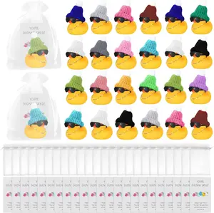 24 count Mini Rubber Ducks, Rubber Ducks in Bulk with Glasses Hat/Golden Chain/White Background Card/Organza Storage Bag, Suitable for Accessories Gifts, Dashboard Decorations