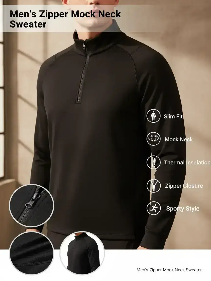 Men's Plain Zipper Mock Neck Sweatshirt, Slim Casual Sporty