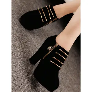 Spring Autumn New Black Thick Heel High Heel Shoes For Women, Suede Fabric Beaded Side Zipper Comfortable Office Heels