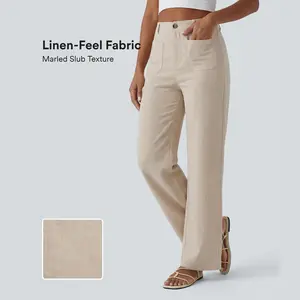 Halara High Waisted Straight Leg Casual Linen-Feel Pants with Pockets