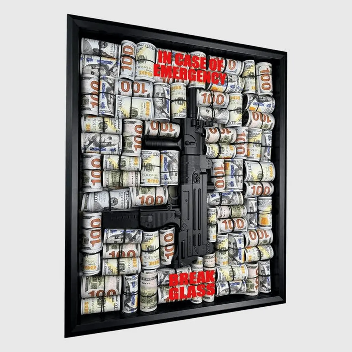 Gangster Shadow Box – Black Uzi & $100 Rolls Under Glass Stylish Text Wall Print