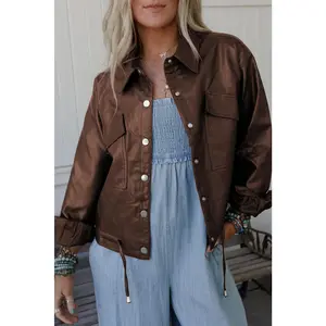 Chicory Coffee Flap Pocket Drawstring Hem Leather Jacket