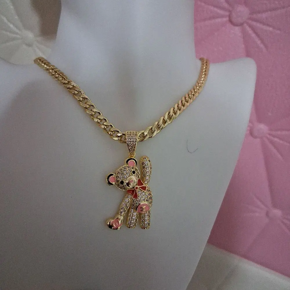6  mm cuban link chain 16with teddy bear pendant -14 k gold laminated.
