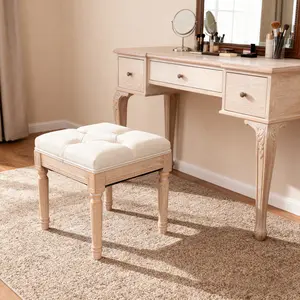 Small Padded Bench Square Upholstered Rustic Ottoman Bench Vanity Stools for Bedroom 15.75 x 15.75 x 15.75 Beige