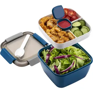 Salad Container, 52-oz Salad with 3 Compartments, Salad Dressings Container for Salad Toppings, Snacks, Men, (Blue)