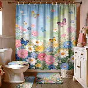 4 Pcs Spring Daisy Shower Curtain Set with Non-Slip Rugs, Toilet Lid Cover and Bath Mat, Countryside Flowers Bathroom Decor Set with with 12 Hooks Bathoom Decor