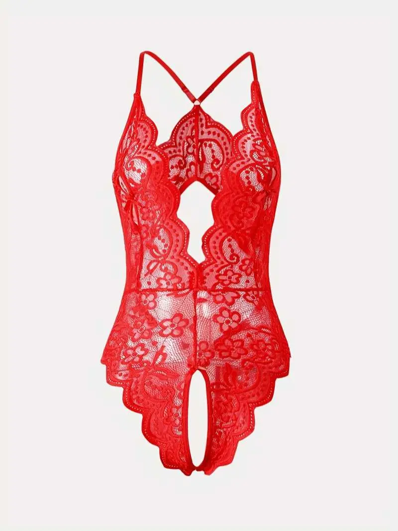 Eclat Noir Midnight Crimson V-Neck Bodysuit Enchanting Red Lace Teddy for Late Night Allure Everyday Light