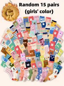 Random 15 Pairs Kids Winter Warm Socks, Thick Plush Crew Socks, Soft Cartoon Design, Casual Soft Socks, Unisex Holiday Gifts