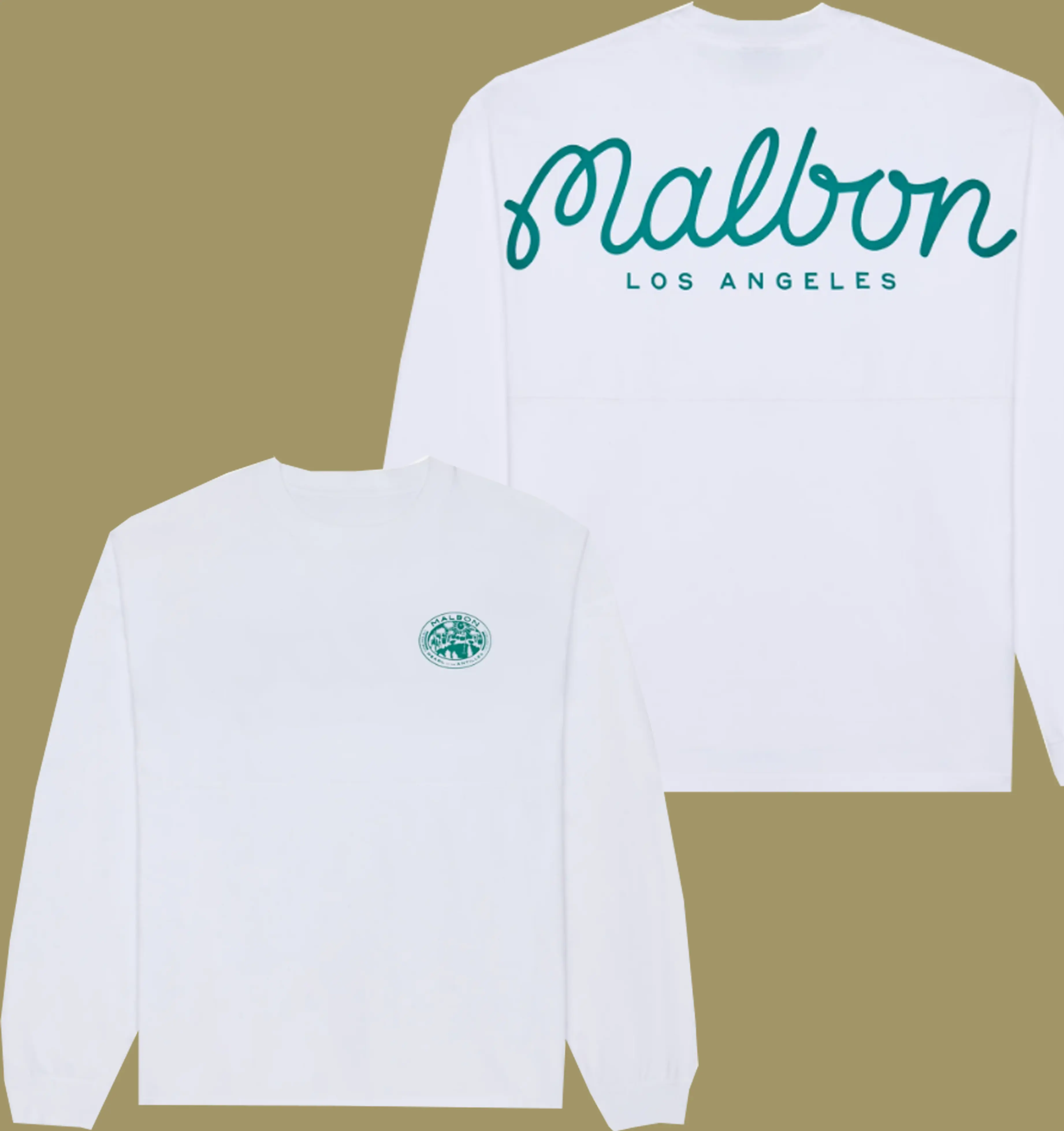 Malbon Golf Long Sleeve T-Shirt, Green Cursive Script Golfing Tee, Retro White Country Club Apparel, Unique Los Angeles Golf Gift for Men