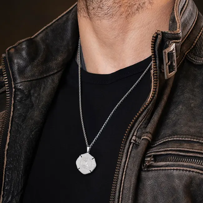 FaithHeart 316L Stainless Steel Saint Florian Pendant Necklace - Firefighter Patron Shield Medal, Artificial Gemstone Jewelry Accessory, Perfect Gift for Daily Wear