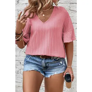 Peach Blossom Ruffled Half Sleeve V Neck Textured Plus Top