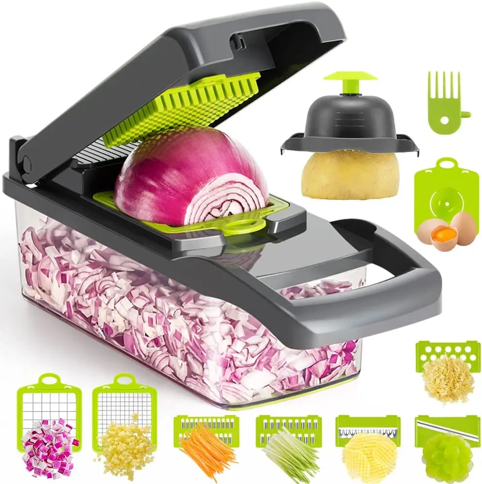 KEOUKE 12-in-1 Multi-Functional Modern Kitchen Supplies Vegetable Chopper Mandoline Slicer (Grey) - Easy-Swap Interchangeable Steel Blades, Cutting Tool with Container, Hand Guard, Draining Basket, Veggie Dicer for Onion, Cucumber