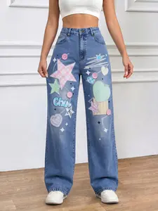 JR JEANIUS WEAR Women's High-Waist Wide-Leg Denim Jeans! High-Rise High-Stretch Printed Style—Semi Baggy Jeans Fit, Bedazzled Jeans Sparkle & Still Cool Jeans Vibe! Print has retro 'Chu' letter + soft blue dot, matches Baggy Jeans Outfit.Cute Breat Cute