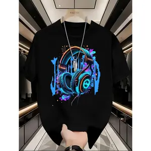 Youth Summer T-Shirt, 95% Polyester 5% Elastane, Casual Crew Neck Top with Geometric Headphones Print, Slight Stretch Knit Fabric, 200gsm, Regular Fit for Teen Boys Streetwear Minimalist