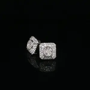 Men's Iced Out "Circle-in-Square" Stud Earrings – 925 Sterling Silver | VVS Moissanite | Geometric 3D Cluster