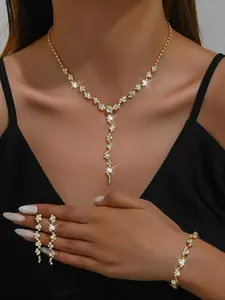 Women's Elegant Rhinestone Decorated Necklace & Bracelet & Earrings, Exquisite Trendy Matching Jewelry Set, Fashionable Accessories for Party & Daily Clothing Decor