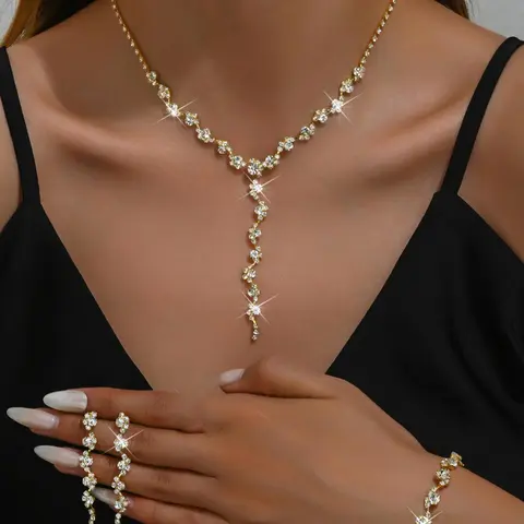 Women's Elegant Rhinestone Decorated Necklace & Bracelet & Earrings, Exquisite Trendy Matching Jewelry Set, Fashionable Accessories for Party & Daily Clothing Decor, Necklace And Earring Set