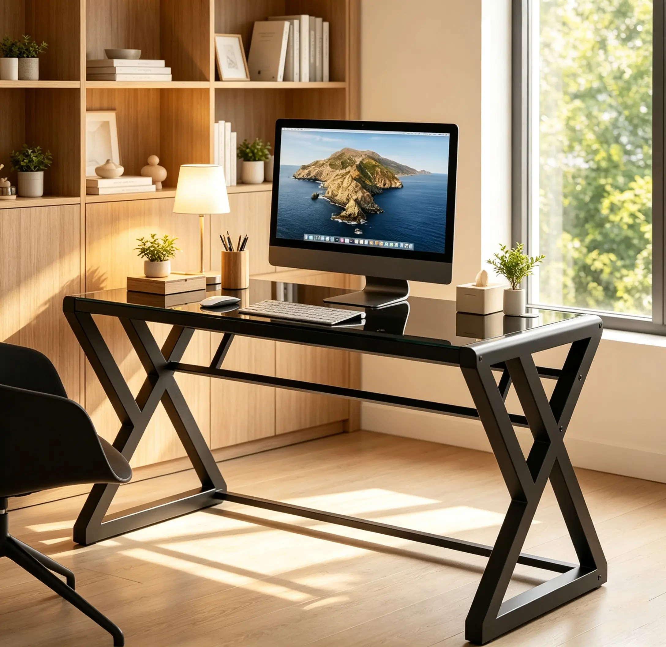 Modern X-Leg Tempered Glass Computer Desk 55 Inch, Heavy Duty Black Glass Workstation, Multi-purpose Desk for Home Office, Study, Writing, Gaming and Daily Computer Use