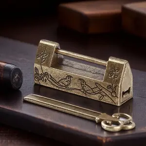 Vintage Brass Padlock, Handmade Engraved Antique Decorative Lock, Medieval Style Wooden Jewelry Box Lock, Home Decor Lock, Hardware Accessories