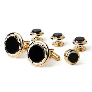 Onyx Diamond Rim Tuxedo Cufflinks and Studs Gold
