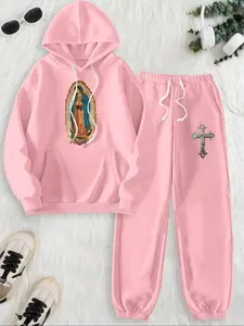 Women's Virgin Mary Print Drop Shoulder Pocket Hoodie & Drawstring Waist Sweatpants Two-piece Set, Matching Lounge Sets, Casual Fashion Cozy Breathable Two Piece Outfits for Daily Wear, Ladies Fall & Winter Clothes