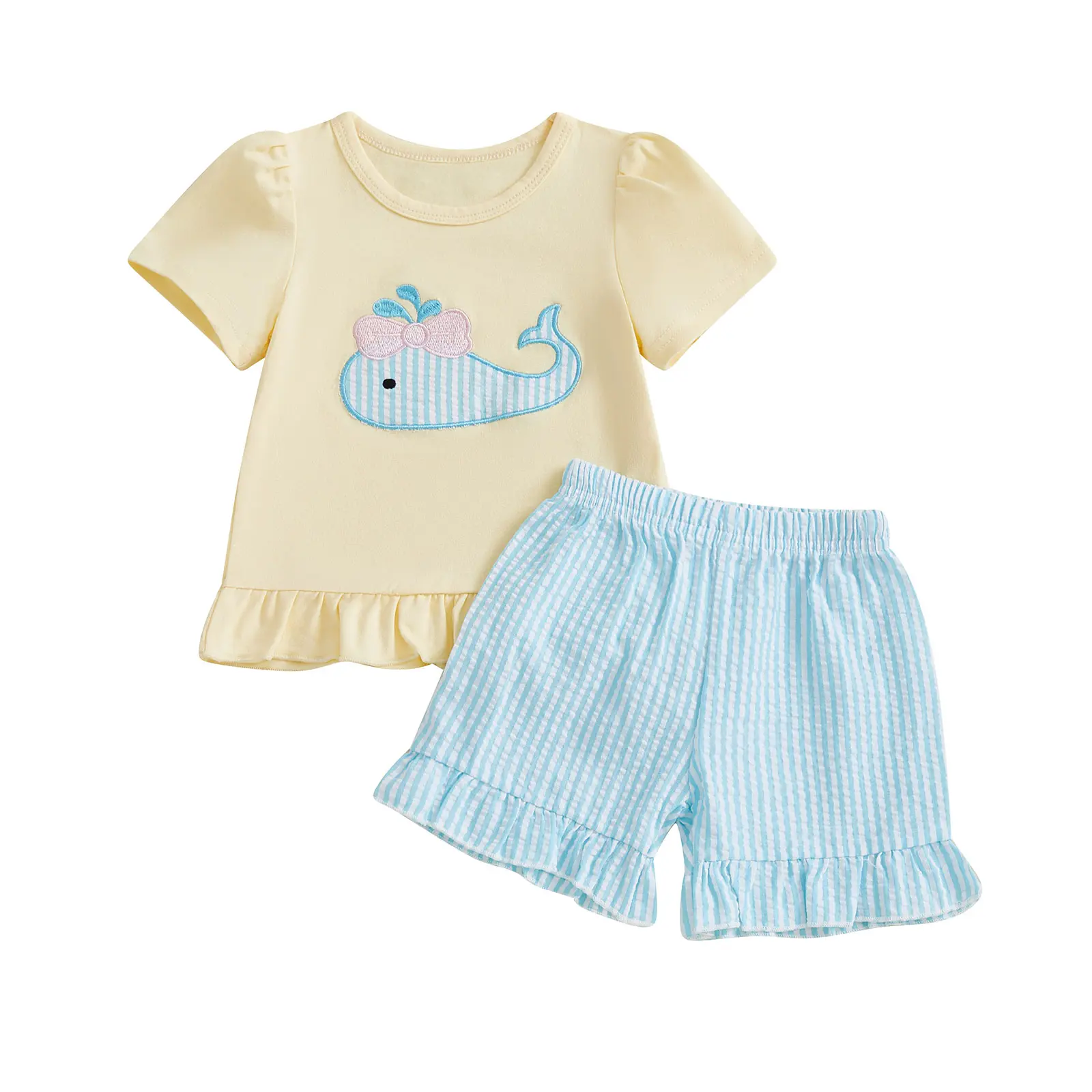[Lullaby] Toddler Girl Summer Outfits Whale Embroidered Short Sleeve Round Neck T-Shirt + Plaid Print Ruffled Shorts 2 Pcs Set