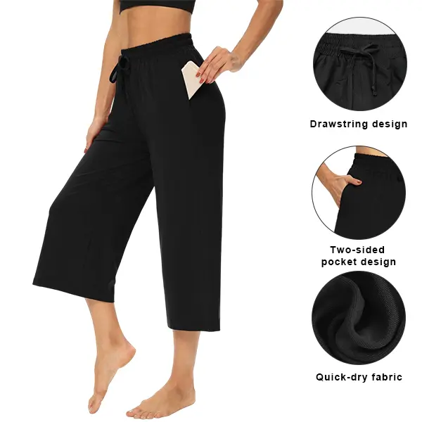 Women's Wide-Leg Cropped Pants with Pockets | Soft, high-waisted, drawstring casual cropped pants—perfect for daily summer wear, outings, and lounging at home.