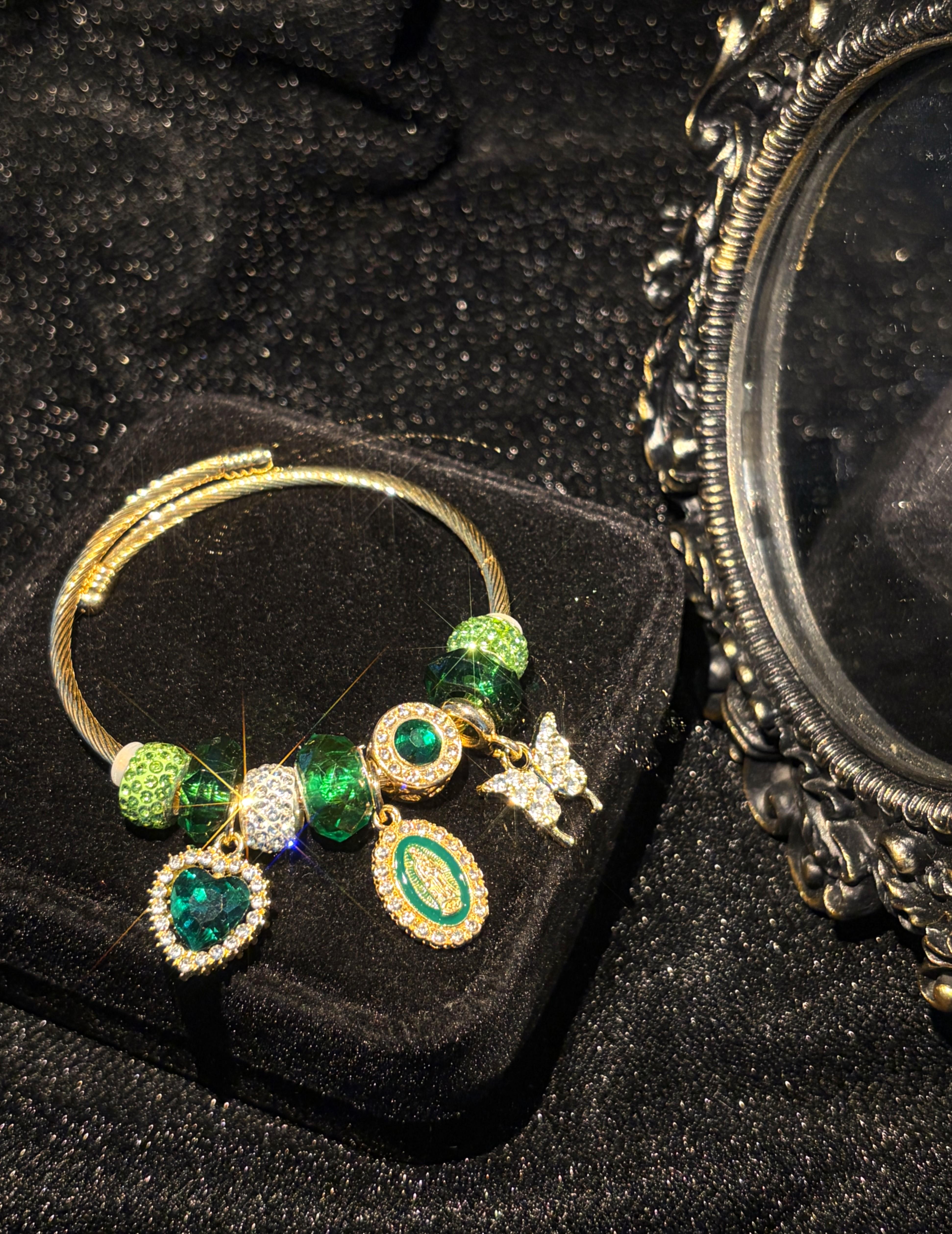 Women's Gold-Tone Emerald Green Heart Virgin Mary Butterfly Charm Bracelet - Sparkling Rhinestone Beaded Snake Chain Vintage Religious Statement Jewelry Gift Women's Gold-Tone Emerald Green Heart Virgin Mary Butterfly Charm Bracelet - Sparkling Rhinestone Beaded Snake Chain Vintage Religious Statement Jewelry Gift