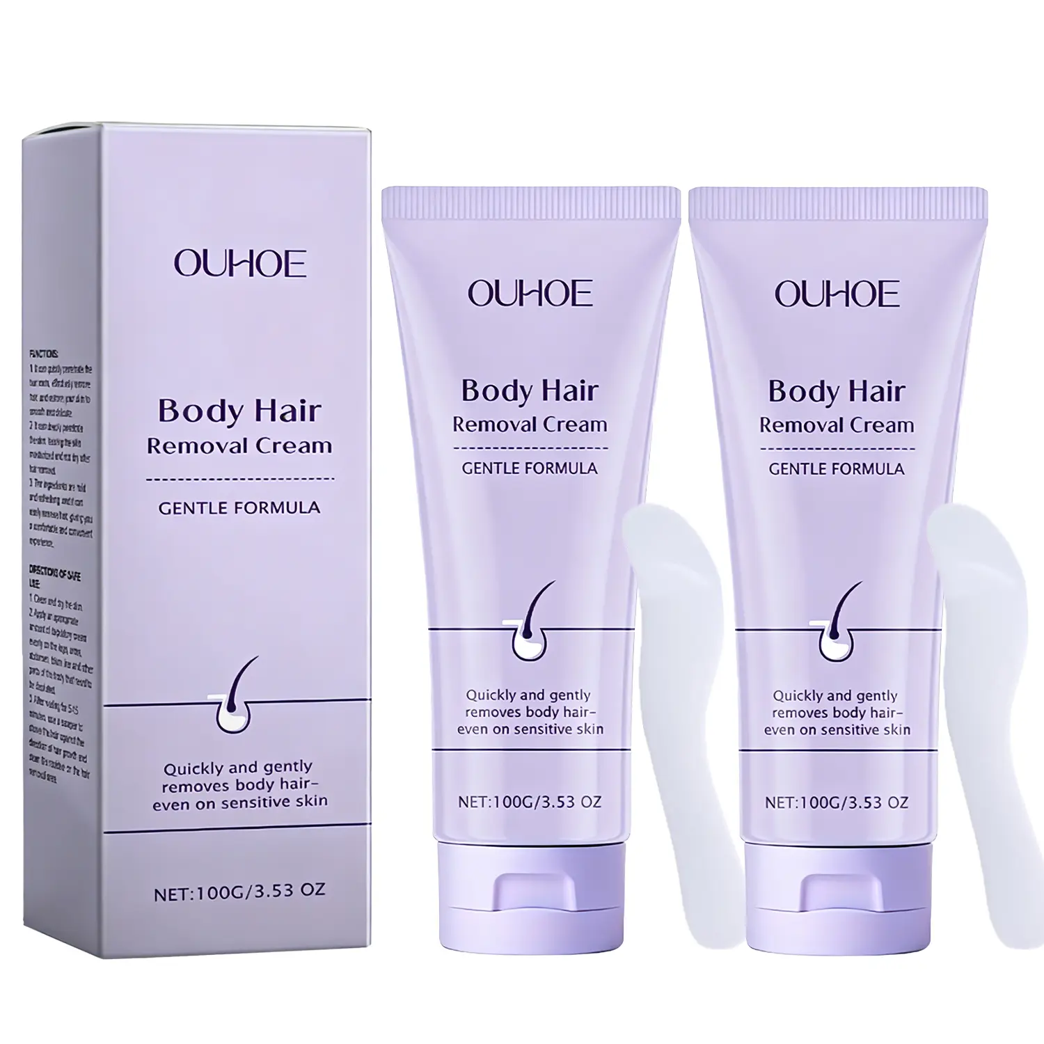 Gentle Depilatory Cream for Women - Body Care Cosmetic, Painless All-Skin Hair Removal (Incl. Spatula) for Legs, Arms, Bikini Area (2-Pack Single Item Set)