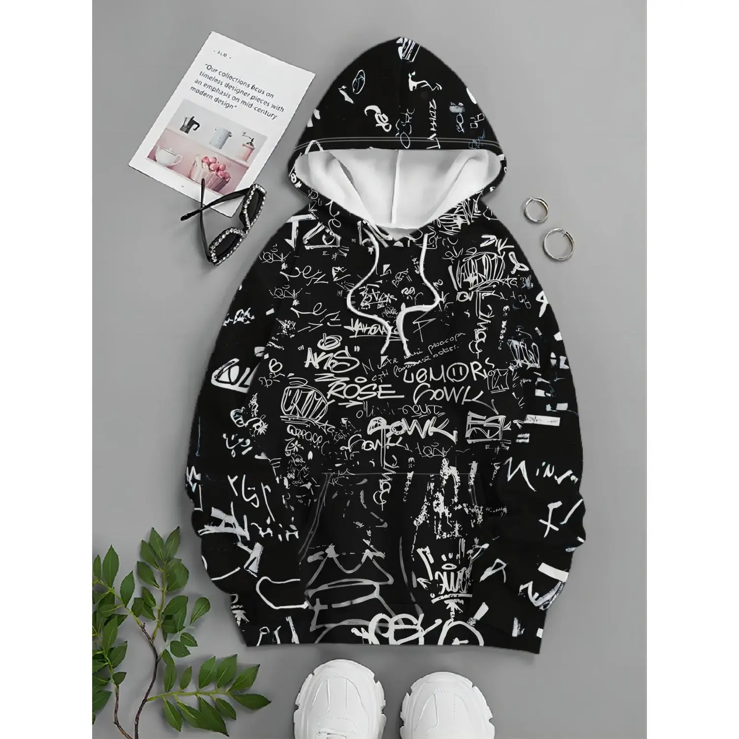 Men's Trendy Street Style Black Hoodie with White Graffiti and Text - Artistic and Individualistic Pattern, Casual Drawstring Design