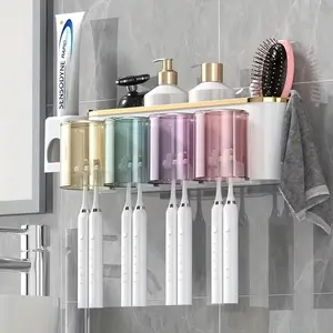 Wall-Mounted Toothbrush Holder, No-Drill Bathroom Organizer, Toothbrush Cup Rack, Wall-Mounted Storage Box, Toothbrush Set