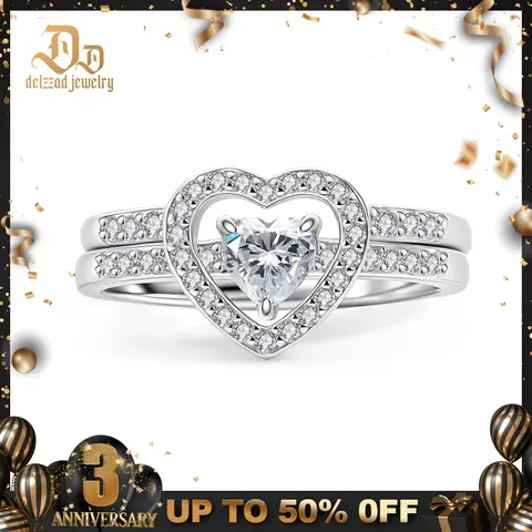 Delzzad 14K Gold-Plated Halo Heart Cut Ring Set D Color VVS Synthetic Moissanite Women's Wedding Engagement Promise Ring Marriage Statement Anniversary Valentine's Day Gifts