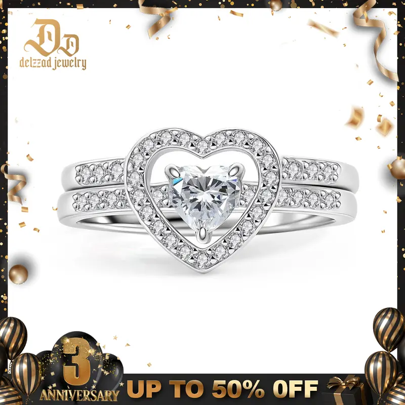 Delzzad 14K Gold-Plated Halo Heart Cut Ring Set D Color VVS Synthetic Moissanite Women's Wedding Engagement Promise Ring Marriage Statement Anniversary Valentine's Day Gifts