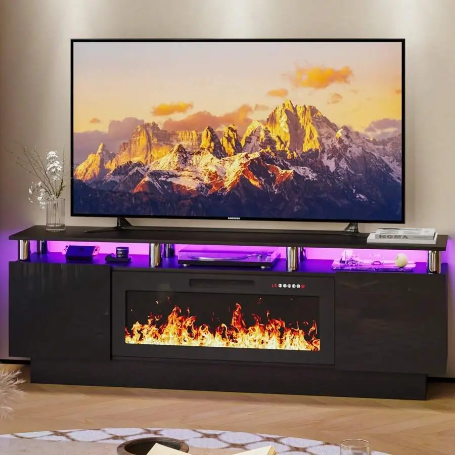 2-in-1 Waterproof 70-in Modern Fireplace TV Stand for TVs Up to 80-in - Stainless Steel Pipe, High-Gloss Grey MDF Wood Cabinet, Textured Top, 20 LED Color Combinations, 12 Realistic 3D Flame Effects, 1-8 Hour Timer, Living Room Entertainment Center