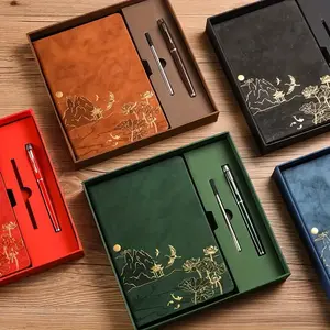 Elegant Chinese Style A5 Notebook Set with Pen & Refill PU Cover Gold Leaf Design Traditional s 200 Pages Gift Box Brown Red Grey Black for Calligraphy Diary Work or Gift Giving Cartoon Drinking Cup Straw Animal Costume Dolls Plated Pearl Cross Bracelet