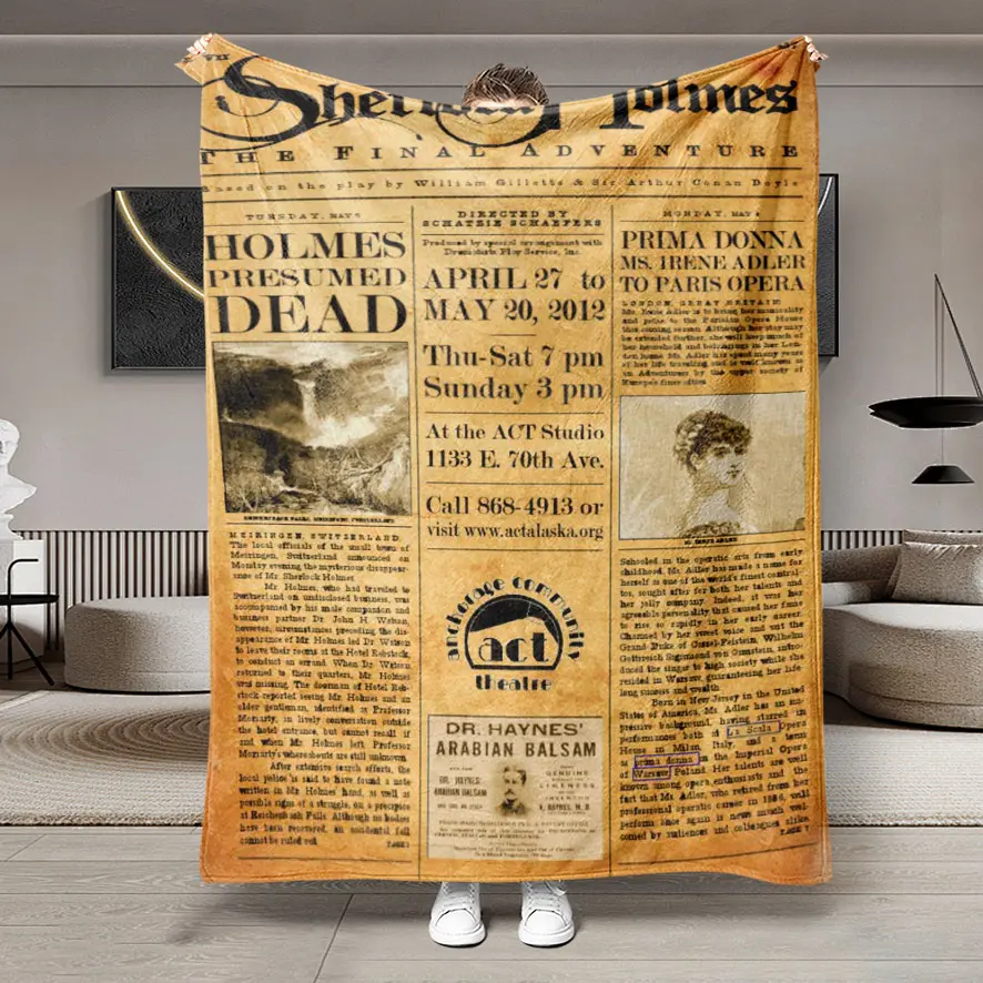Sherlock Holmes Vintage Newspaper Style Flannel Winter Blanket, Large Soft Warm Throw for Bed Sofa Office Camping Travel, Perfect Christmas Gift