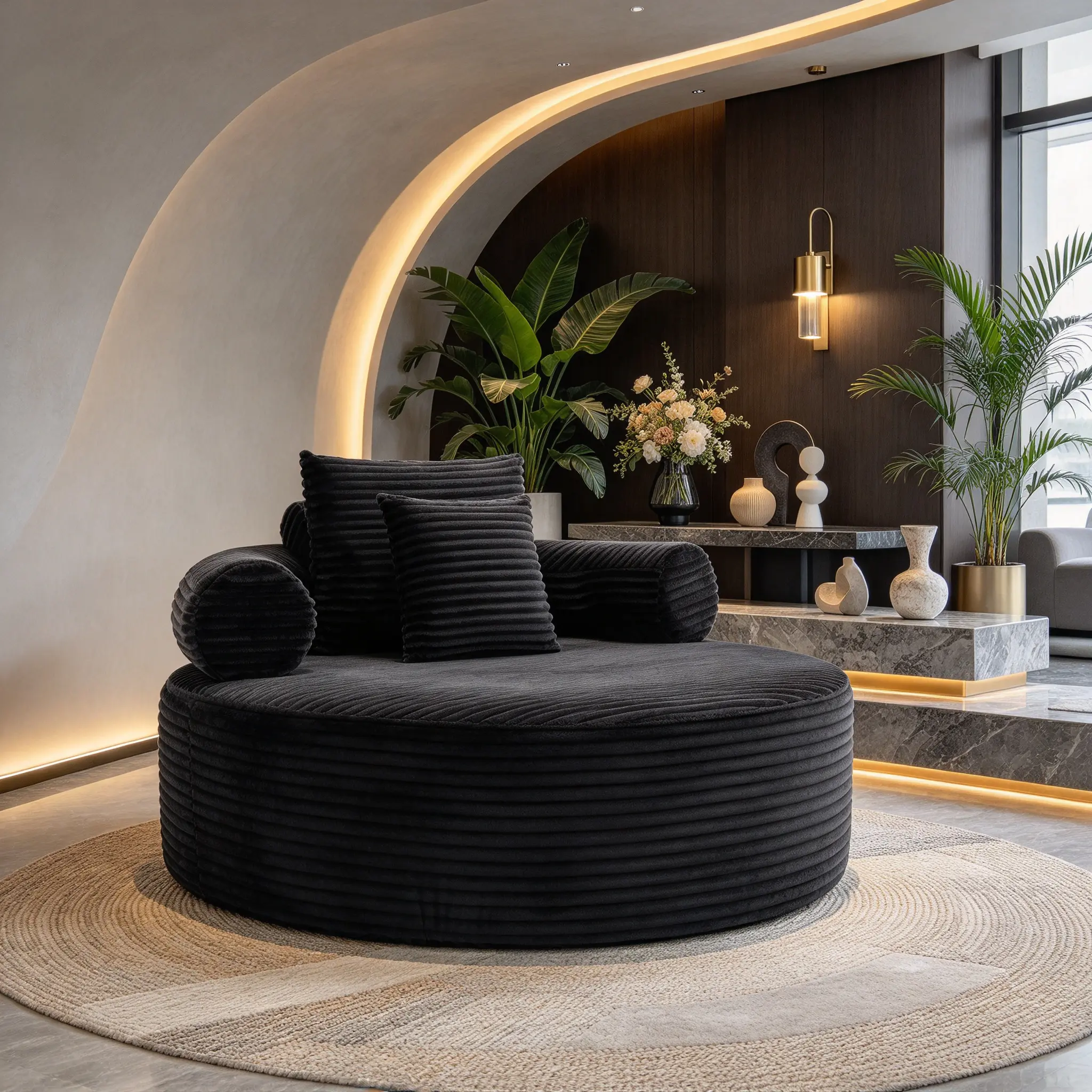 Convertible Memory Foam Modern Round Sofabed - Indoor Functional Sofa with Circular Form, Cozy Cloud Design, 3 Pillows, Cylindrical Backrest, No-Assembly, Small Footprint for Living Room, Apartment