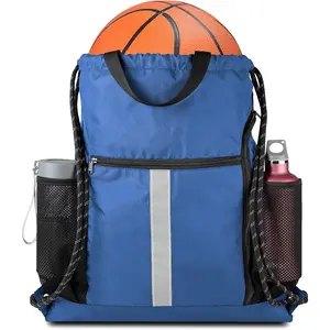 BeeGreen Drawstring Backpack Sports Gym Bag With Shoe Compartment and Two Water Bottle Holder -