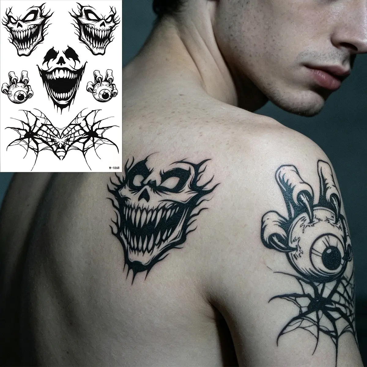 Horror Skull and Spider Web Temporary Tattoo Set, Waterproof and Removable, Suitable for Boys and Girls, Role Play, Party, Costume Decoration, Gothic Skull Tattoo