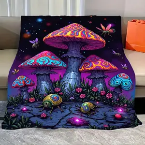 1pc Flannel Blanket Psychedelic Mushroom Garden Blanket - Vibrant Fantasy Forest Scene