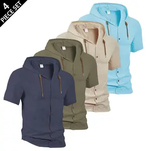 Men's Hooded Short-Sleeve Button-Down Menswear Tops - Linen-Look Sweatshirts, Drawstring Hood, Lightweight Breathable Fabric, Ideal for Summer Beach Daily Wear