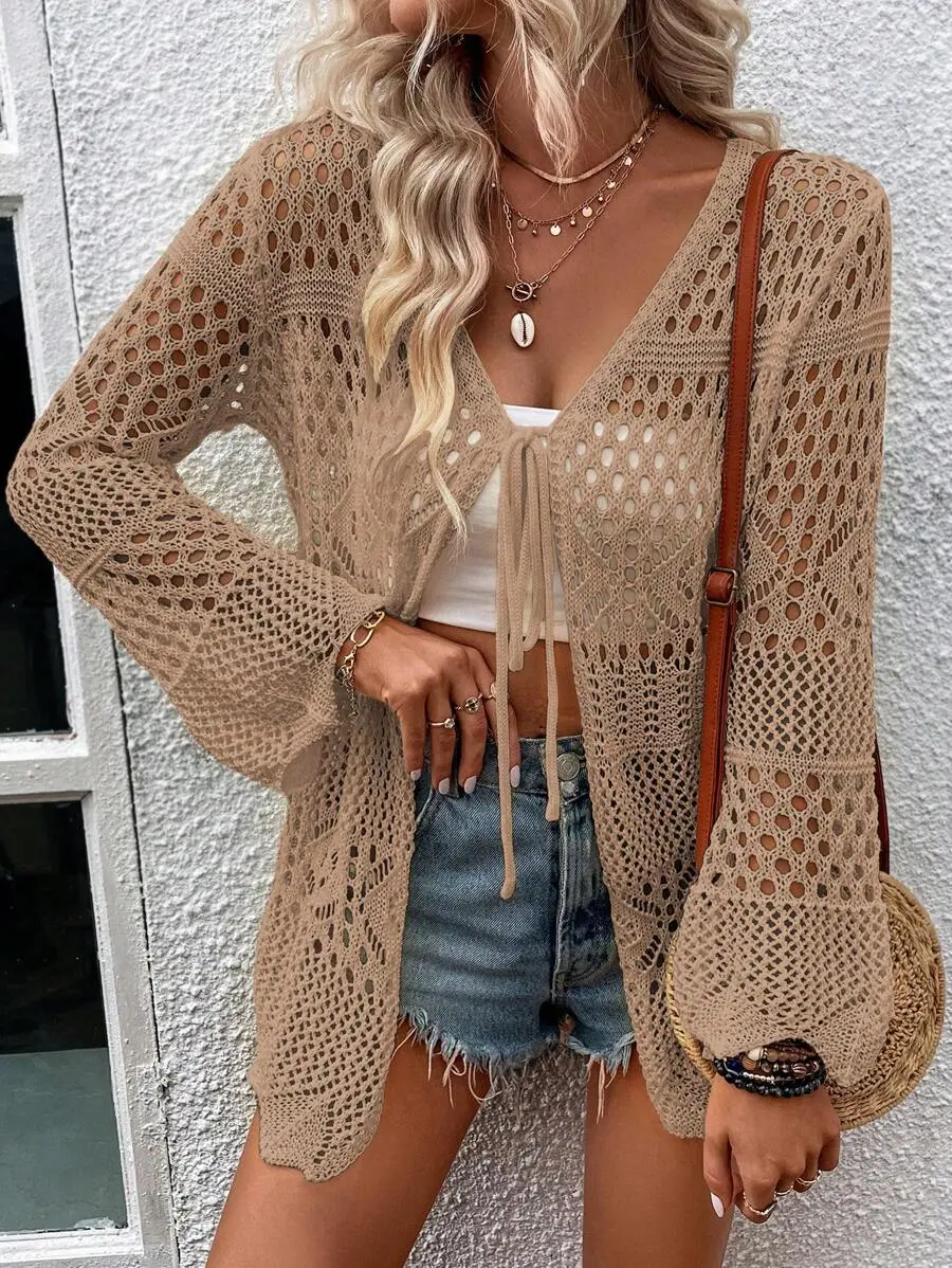 LUNA LAYER Womens Hollow Out Tie Front Kimono Summer Long Sleeve Cardigan Beach Cover Up