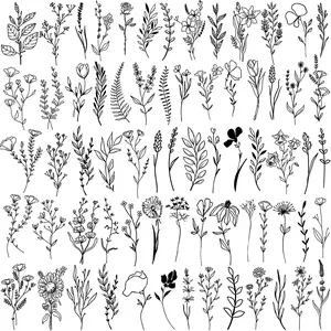 75 Styles Tiny Black Flower Branch Temporary Tattoos For Women, 16 Sheets Realistic Wild Flower Floral Small Fake Tattoo, Wild Plant Tattoo Stickers for Adults Women Hands Legs Body Sticker